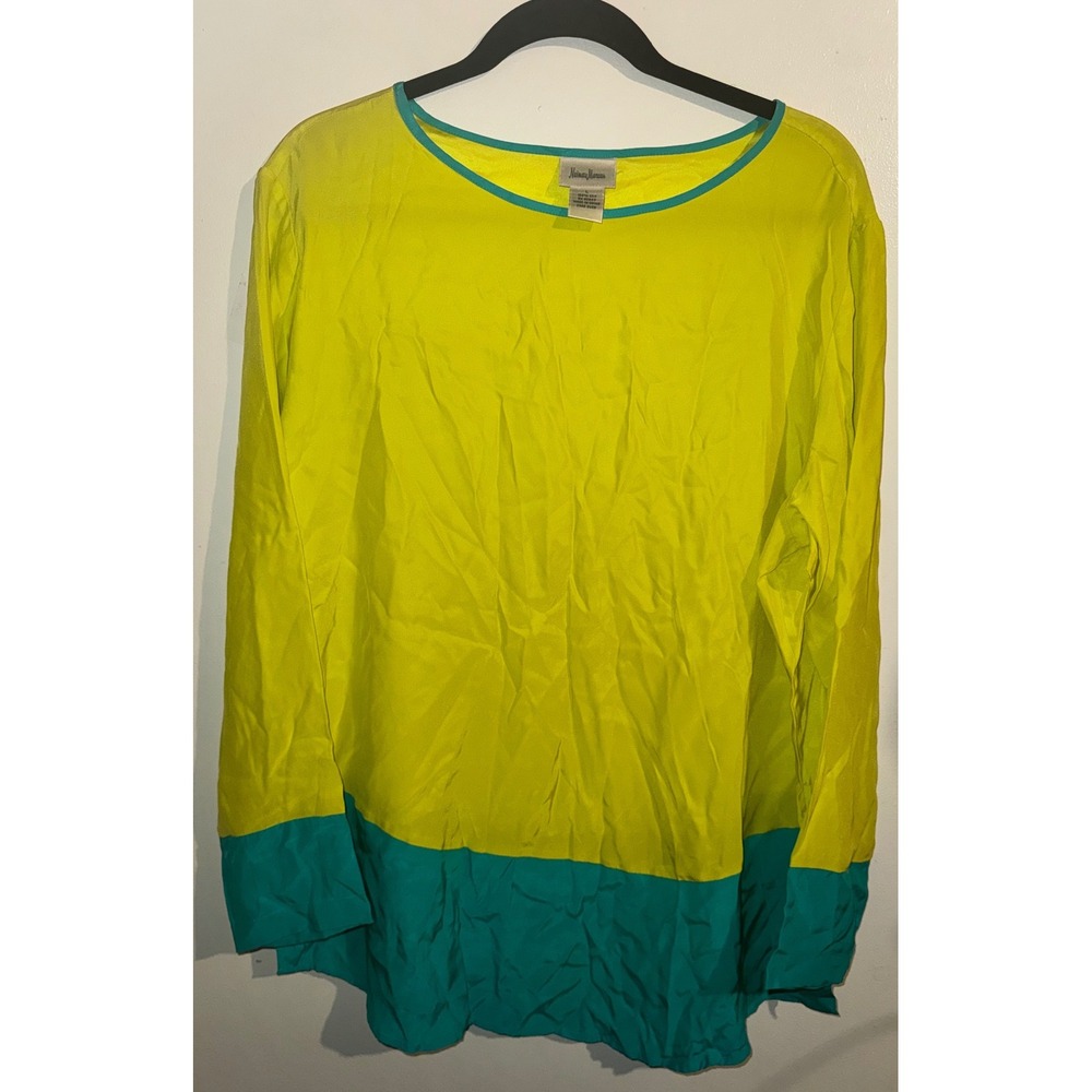 Neiman Marcus Women Lime Yellow Teal Colorblock 100% Silk Long Sleeve Blouse L
